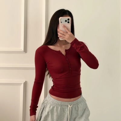 TTWOLVES原创修身女士运动休闲打底亨利领超细螺纹天丝长袖T恤X4