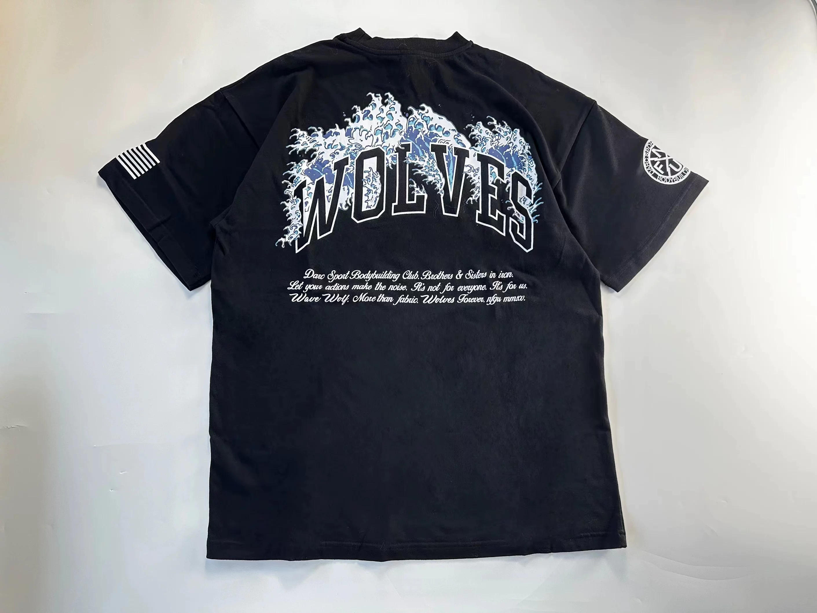 TТВ Wolf Top Floating World Painted Sea Waves joint limited Men's loose and weaving cotton short -sleeved motion D93