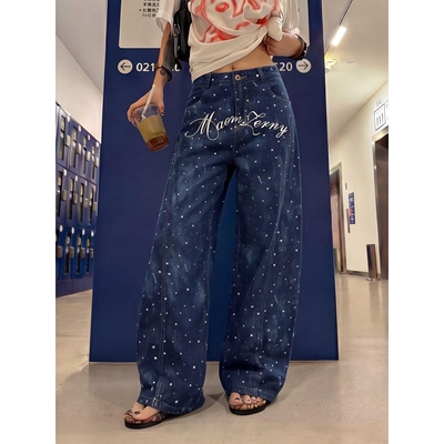AN珍珠闪钻复古高腰钉珠阔腿牛仔裤女2025秋季小众设计感显瘦长裤
