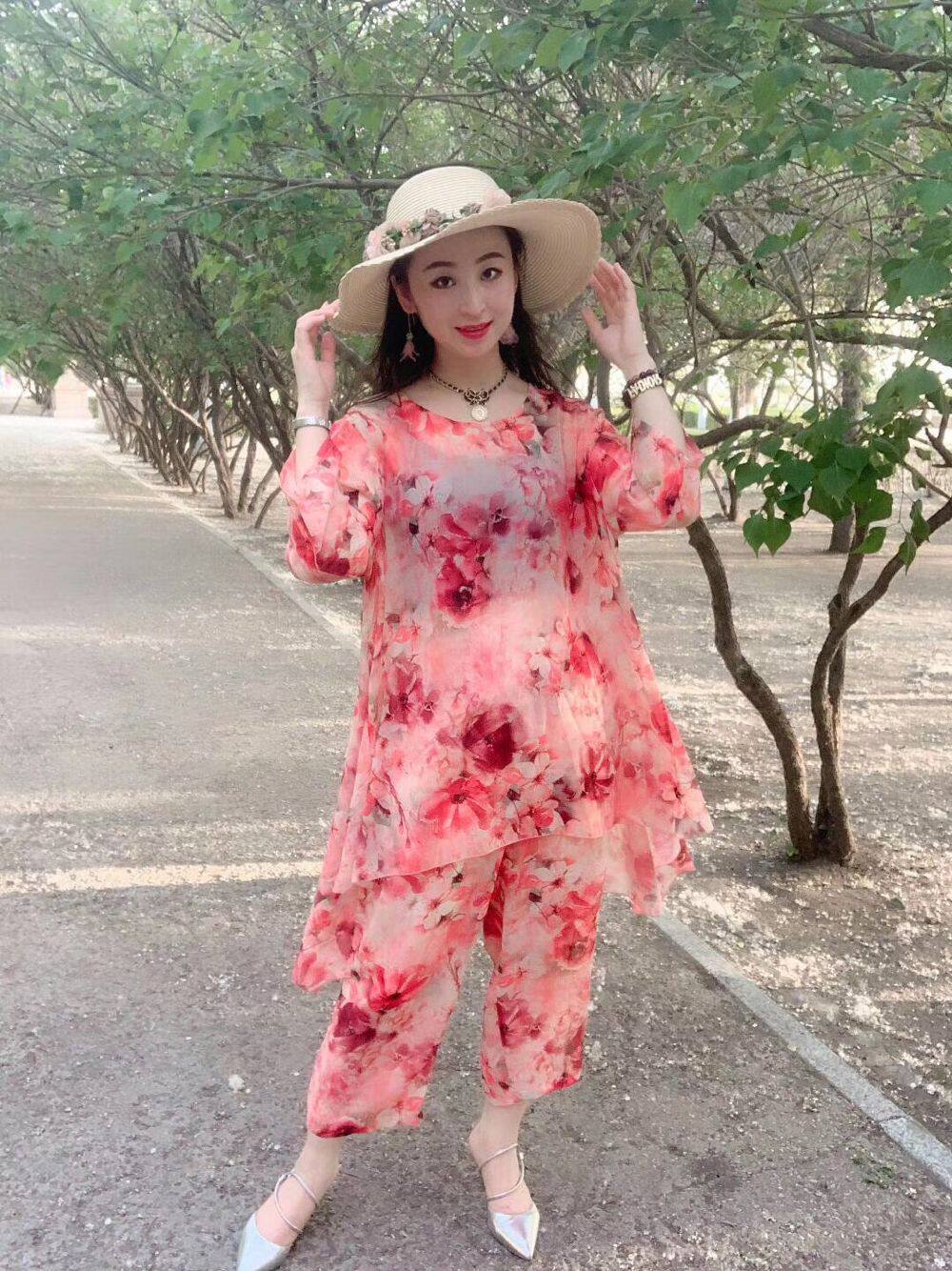 夏季宽松碎花雪纺休闲显瘦两件套