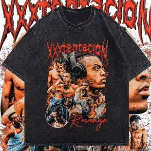 嘻哈说唱xxxtentacion美式高街水洗做旧圆领宽松T恤潮ins男女上衣