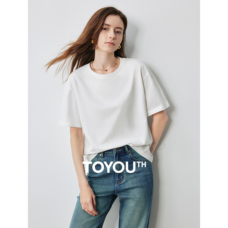 TOYOUTH初语落肩宽松纯棉T恤女2024年夏季新款百搭打底衫上衣