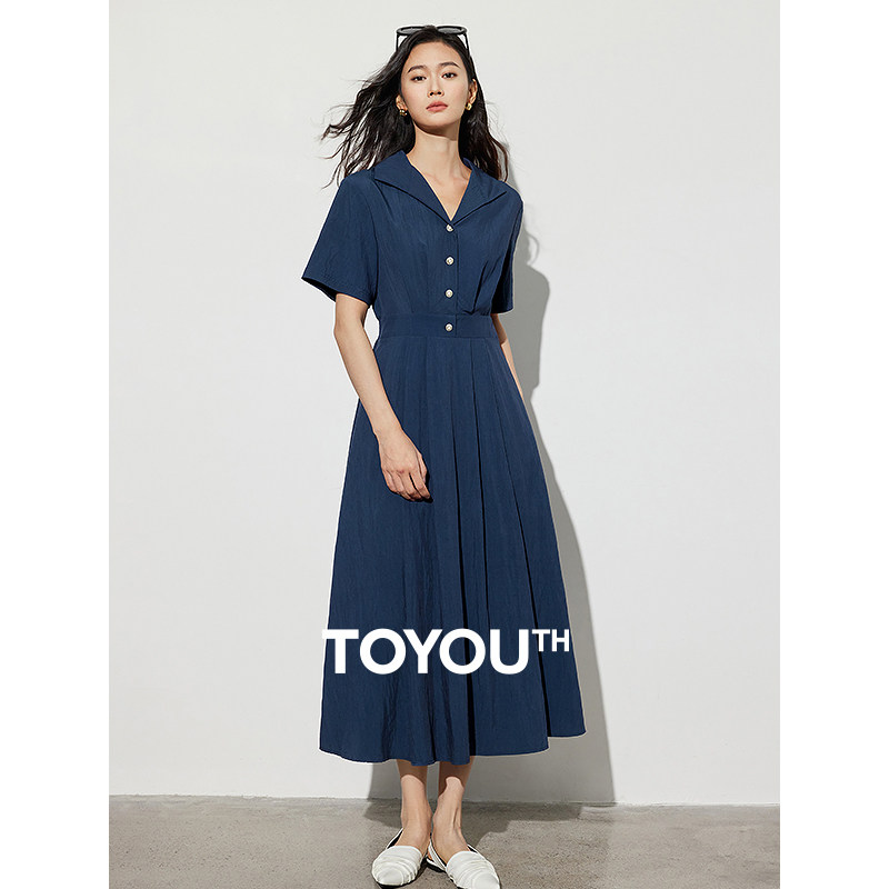 TOYOUTH初语法式翻领通勤连衣裙女2024春季新款收腰显瘦衬衫裙