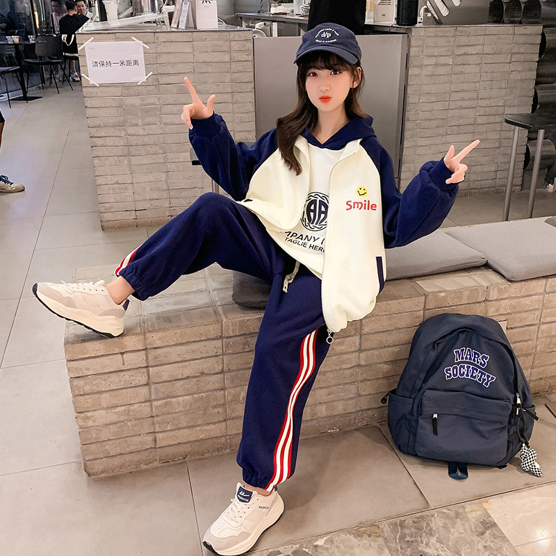 女童春装套装2025新款韩版女孩网红洋气运动中大童春秋儿童三件套