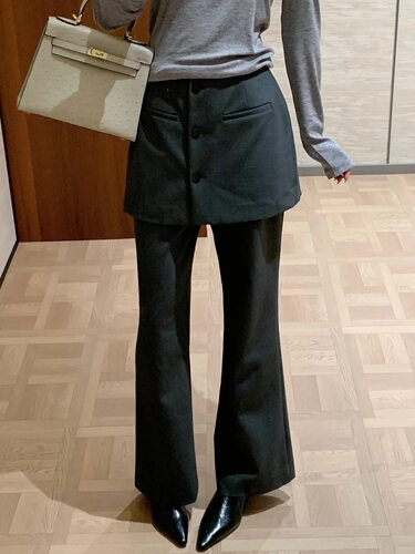 早秋假两件裙裤女 排扣屁帘微喇西装裤显瘦遮胯高腰垂感喇叭裤