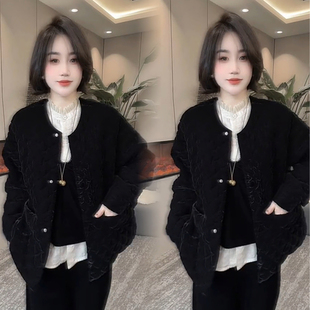 网红新款丝绒压格棉服女秋冬季圆领长袖纽扣开衫纯色高级感外套潮
