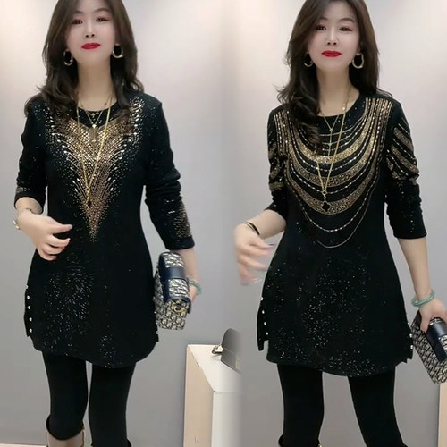 2025秋冬季新款显瘦加绒大衫女欧货侧开叉重工烫钻气质显瘦连衣裙