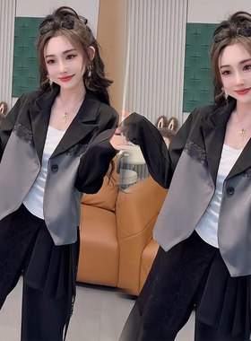 春新蕾丝拼接阔腿裤西服套装女