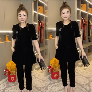 网红同款时尚套装2023秋季纯色金丝绒圆领短袖高腰小脚裤两件套女