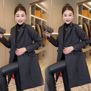 休闲时尚中长款棉服女秋冬季新款高端简约西装领长袖洋气压格外套