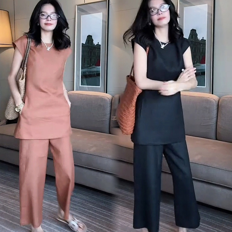 欧货洋气减龄纯色时尚套装女2025夏新款砍袖开叉上衣直筒裤两件套
