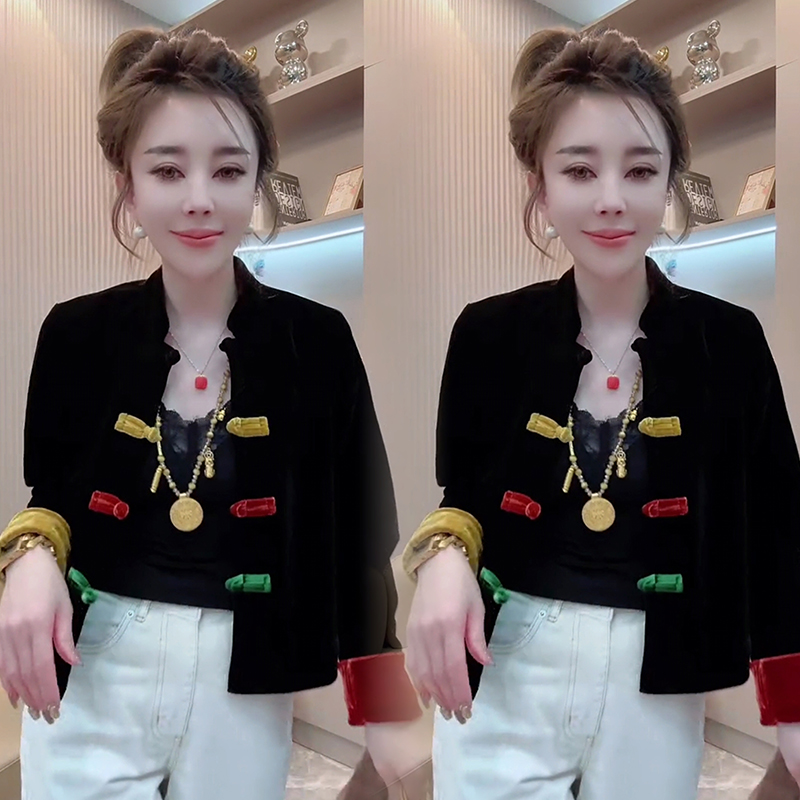 彩扣丝绒拼色复古唐装上衣女