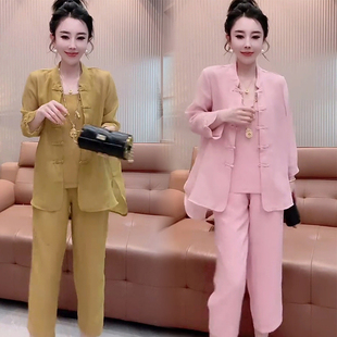 新中式国风时尚套装女2026夏季新款盘扣衬衫吊带九分阔腿裤三件套