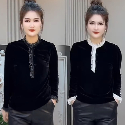 法式蕾丝花边丝绒衬衫女