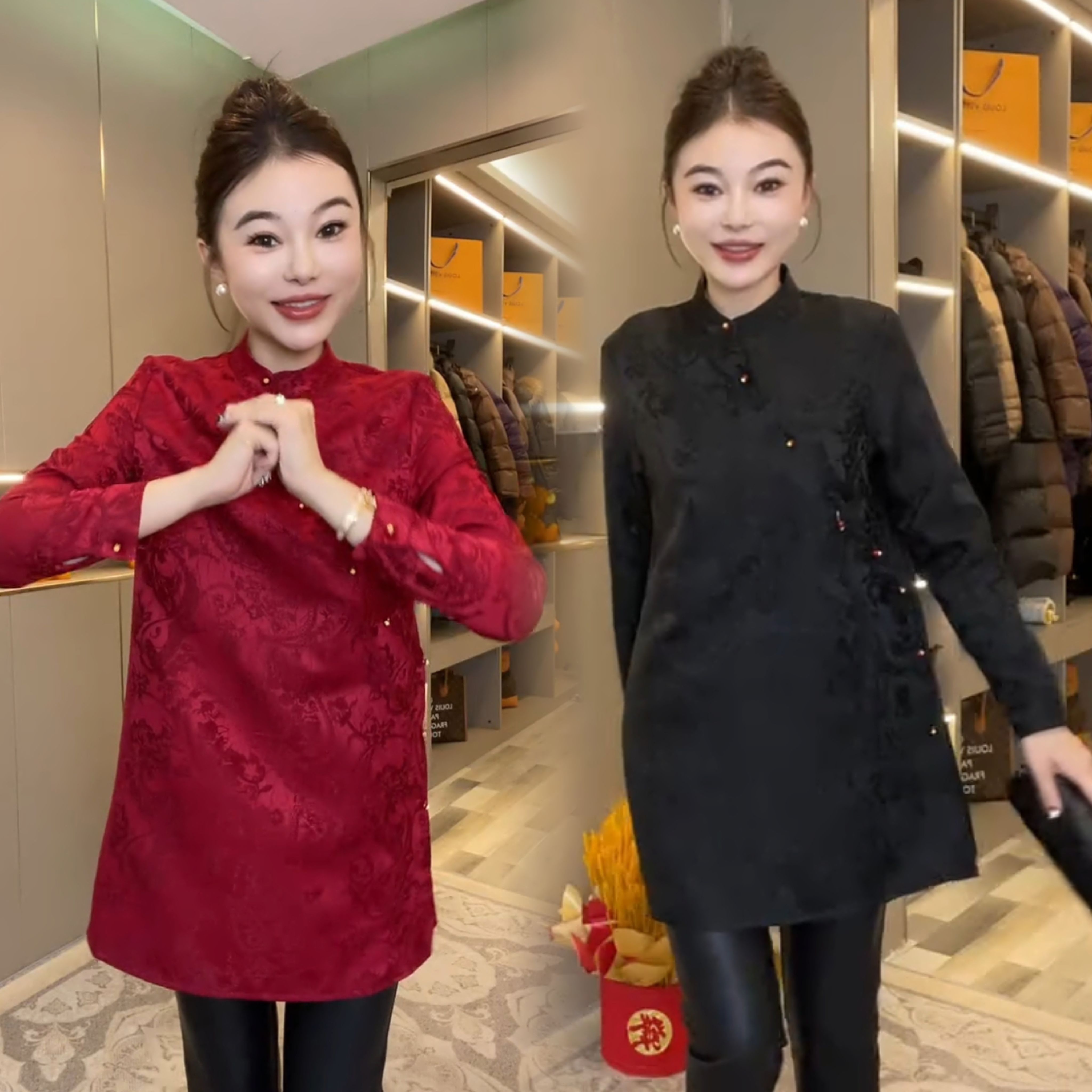 新款新中式高定红提花国风连衣裙2025春季宽松立领斜襟旗袍中长裙