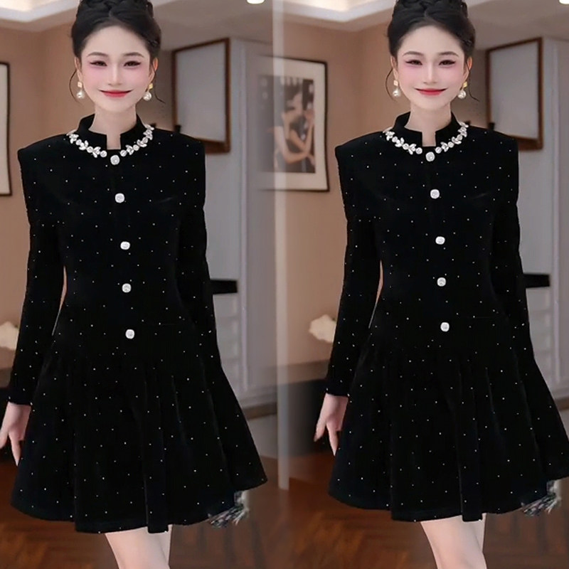 法式黑色亮金金连衣裙女