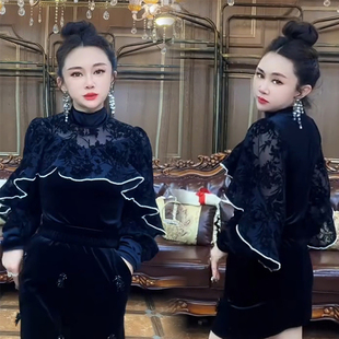 殴货植绒拼接丝绒衬衫女秋冬季新款长袖立领钉珠百搭遮肚爆款上衣