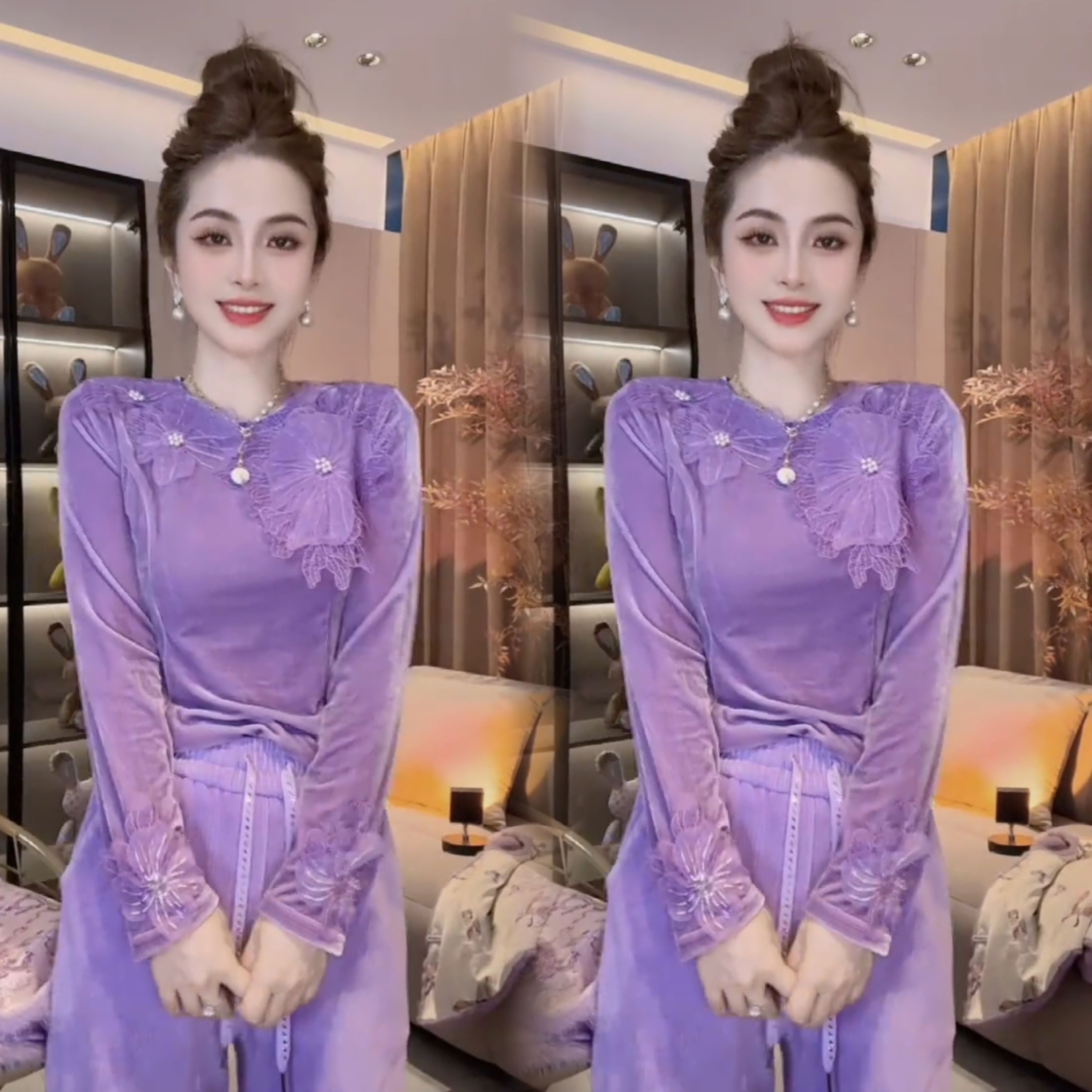 高级感立体花朵丝绒圆领打底衫女时尚洋气镶钻条绒阔腿裤两件套装