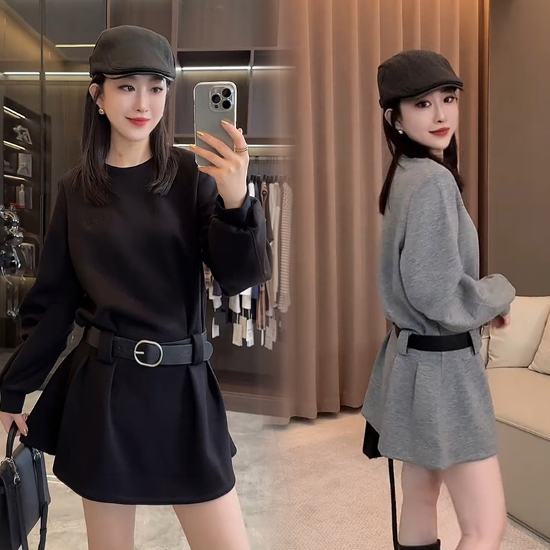 时尚休闲长袖连衣裙女2025秋季新款韩版显瘦圆领腰带中长款卫衣裙,女装/女士精品,时尚套装,淘宝优惠券,粉丝福利购,淘宝优惠卷