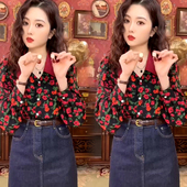 新款 气质百搭长袖 翻领印花衬衫 2024春季 复古花色高级感内搭小衫 女