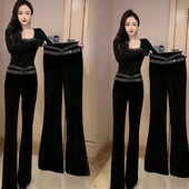 套装 小衫 女2024春季 高级感时尚 新款 方领亮钻长袖 高腰微喇裤 两件套