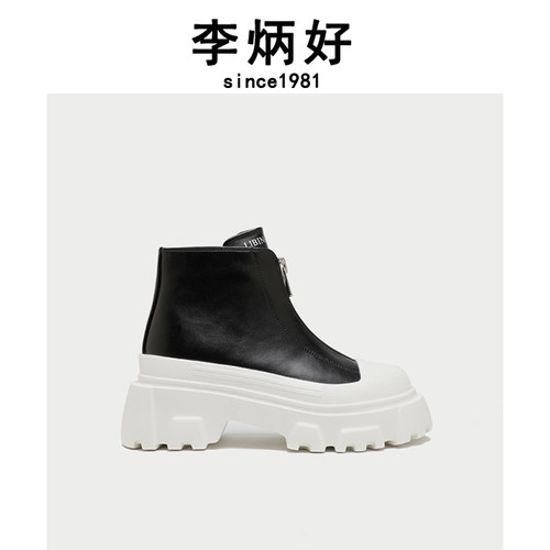 李炳好前拉链马丁靴高跟真皮靴