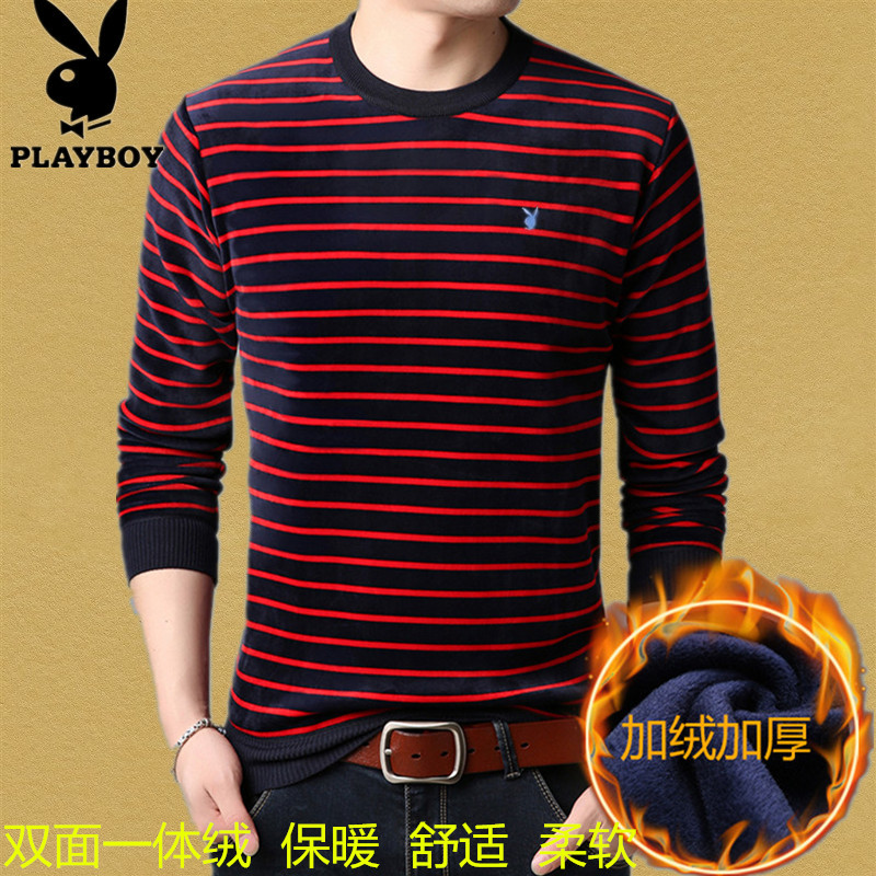 花花公子冬季长袖T恤男圆领条纹双面绒面料加绒加厚保暖打底衫潮|msdalam kategori Pakaian Lelaki, baju-T - dari Buy2taobao.com untuk memberikan perkhidmatan ejen Taobao profesional membeli