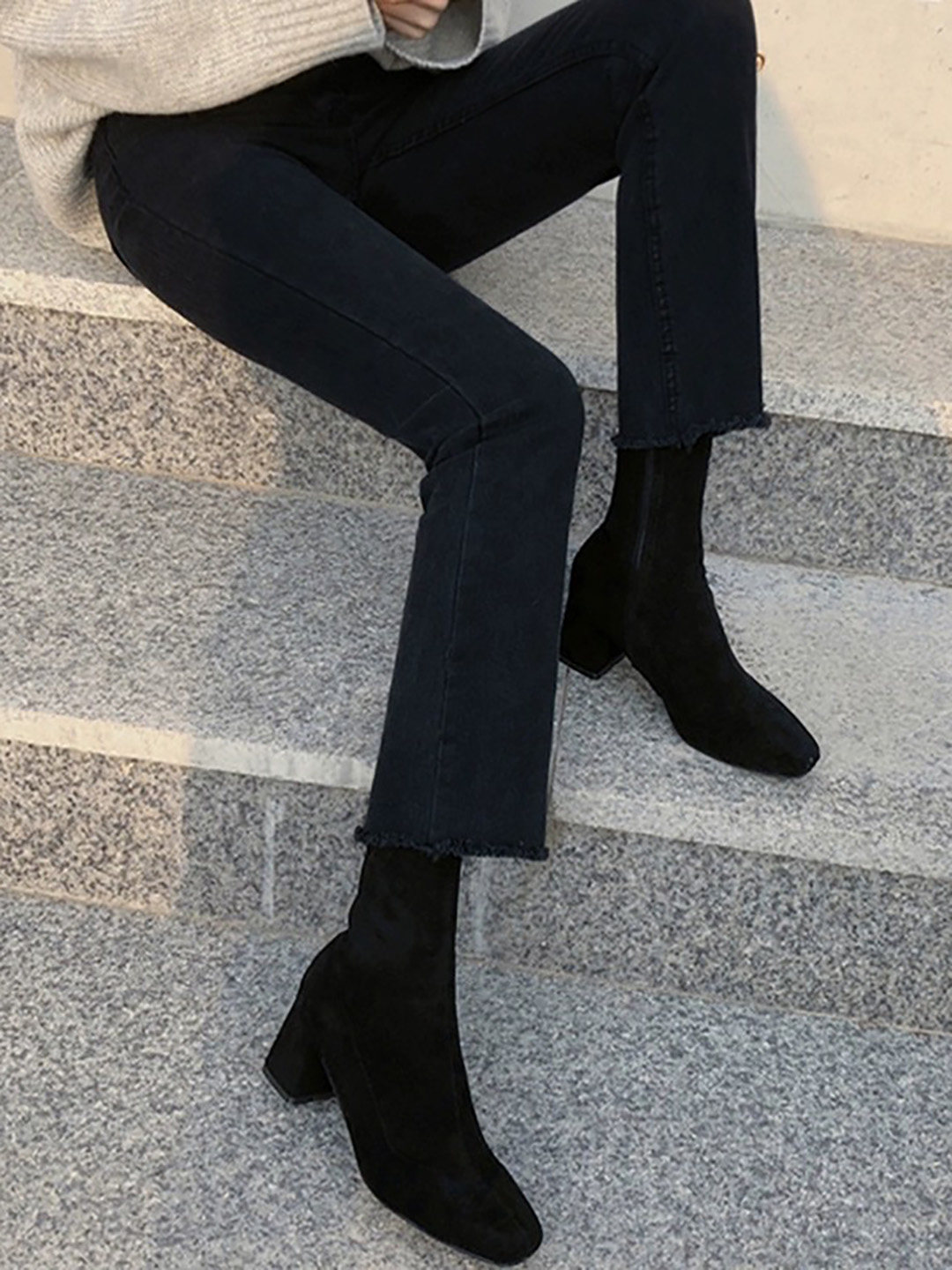 SKINNY BOOTS WOMENS ANKLE BOOTIES BLOCK HEEL MARTIN BOOTS FALL|WINTER 2023 NEW BLACK SUEDE SQUARE TOE SUEDE HEELS ANKLE BOOTS