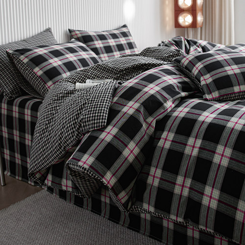 法式全棉双层纱床上四件套复古格子纯床单床笠款单被套三件套