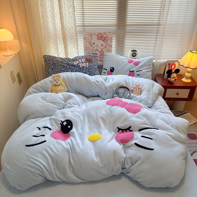 可爱猫咪牛奶绒床上四件套冬季加厚双面绒被套珊瑚绒床单加绒床品