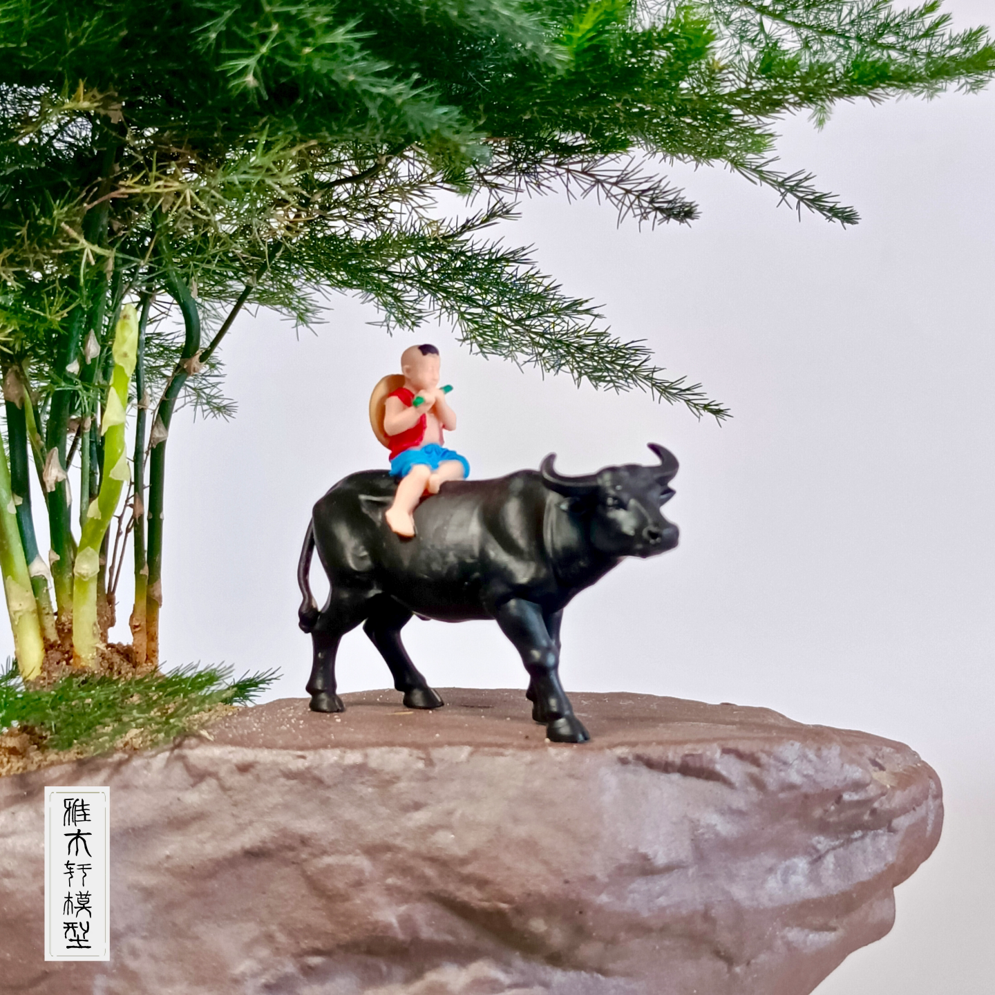 牧童骑牛假山奇石鱼缸花盆微景观造景模型童子放牛风水摆件装饰品