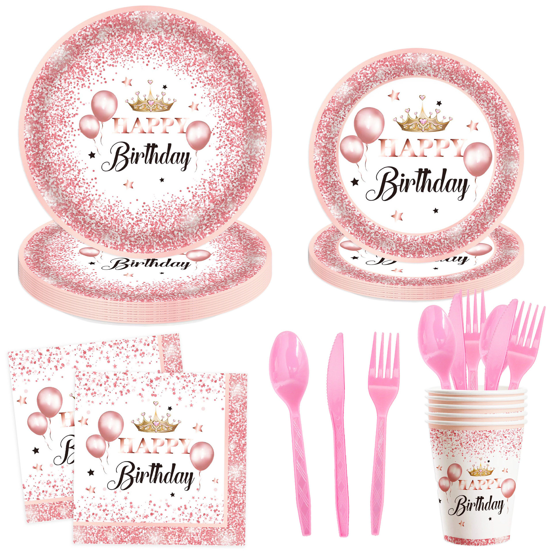 跨境玫瑰金女孩生日主题餐具粉色派对一次性餐具套装活动纸杯餐盘,餐饮具,可降解餐具/环保餐具,淘宝优惠券,粉丝福利购,淘宝优惠卷