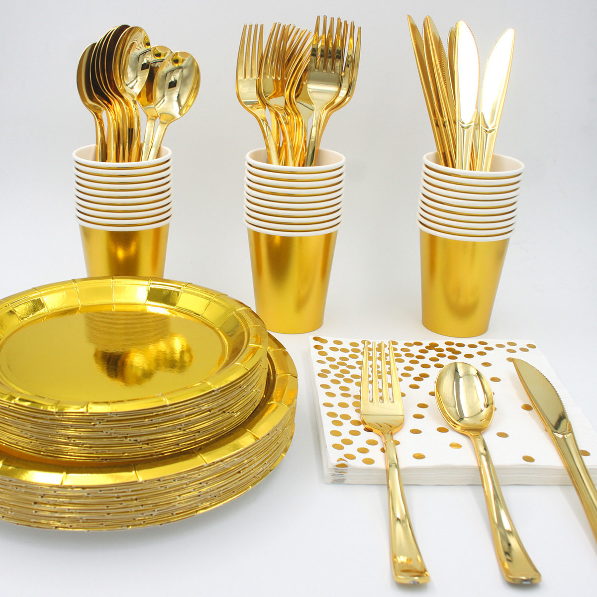 纯金覆膜纸盘一次性纸质餐具套装系列环保纸杯吸管纸巾镀金刀叉勺