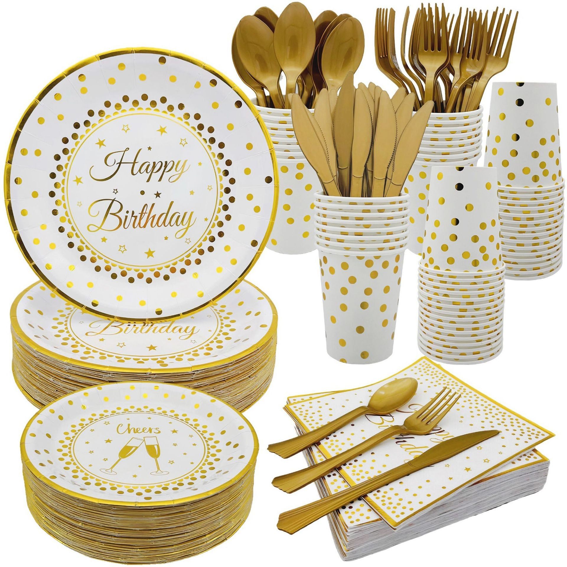 白色happy birthday圆点烫金派对生日主题餐具一次性纸盘纸巾桌布,餐饮具,可降解餐具/环保餐具,淘宝优惠券,粉丝福利购,淘宝优惠卷