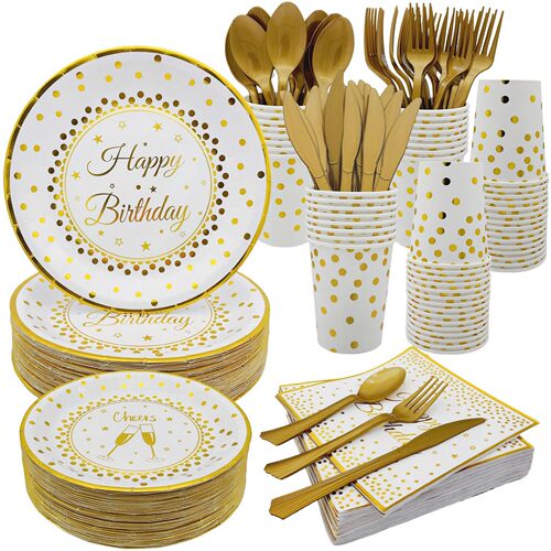 白色烫金圆点生日一次性纸盘