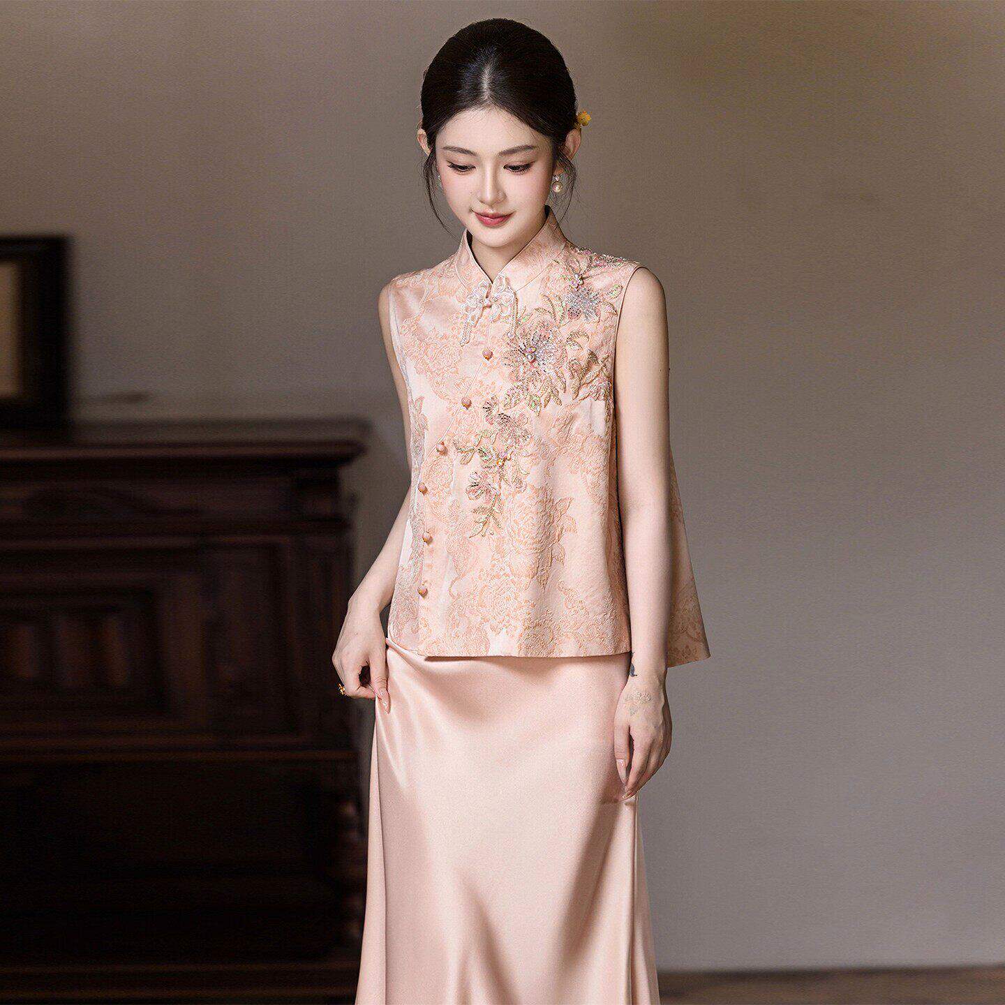 新中式旗袍国风新款复古订婚礼服敬酒服高端马甲套装女夏季小个子