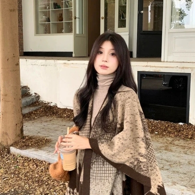 民族风渐变千鸟格加厚保暖斗蓬披肩女冬季外搭围巾流苏百搭披风潮