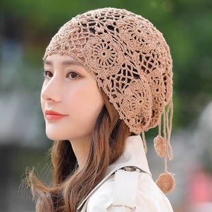 帽子女春秋季镂空勾花包头帽2025新款透气堆堆帽蕾丝薄款遮白发帽