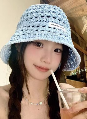 纯色镂空编织渔夫帽透气遮阳盆帽