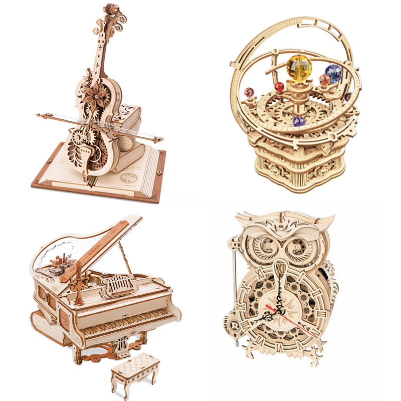 若态若客玩具机械传动儿童拼插模型猫头鹰座钟音乐八音盒榫卯积木