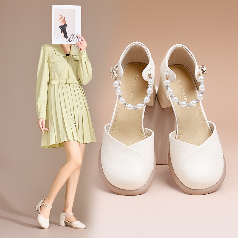 香香莉一字带玛丽珍单鞋女2025年新款春季仙女风软底高跟鞋029326