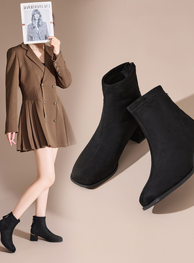 香香莉粗跟短靴女2025年新款英伦风百搭时尚显高加绒靴子冬032310