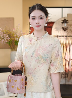 【彩雀赴春-上衣】缎面舒适夏季新款斜襟新中式上衣634