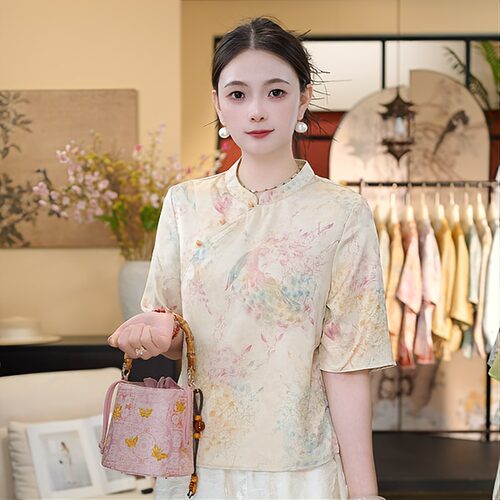 【彩雀赴春-上衣】缎面舒适夏季新款斜襟新中式上衣634
