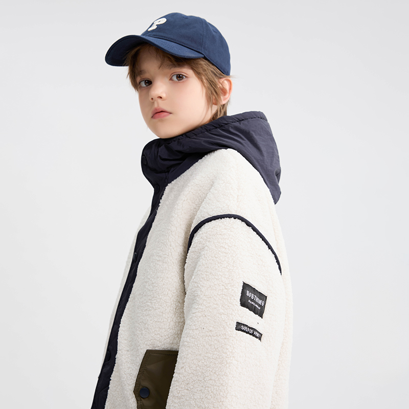 男童外套冬装毛绒连帽夹棉开衫撞色拼接儿童加厚棉衣中大童装棉服