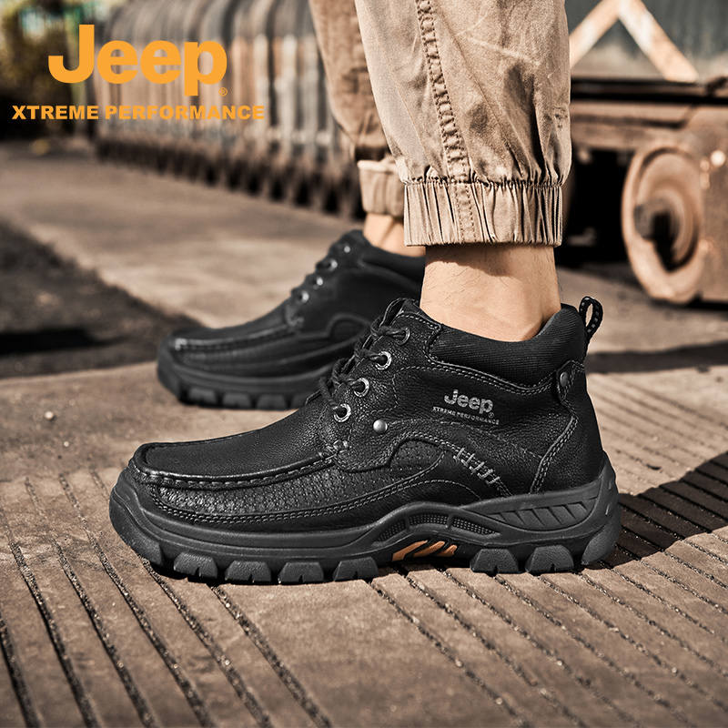 Jeep/吉普高帮休闲鞋秋冬牛皮拼接男鞋加绒保暖橡胶厚底男士靴子