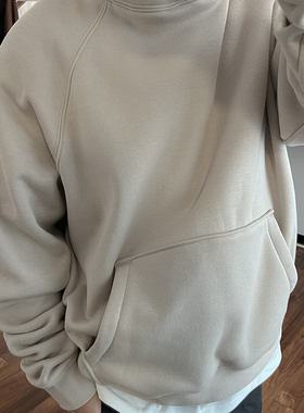 美式潮纯色连帽加厚cleanfit重磅加绒卫衣套头插肩袖加绒帽衫男款