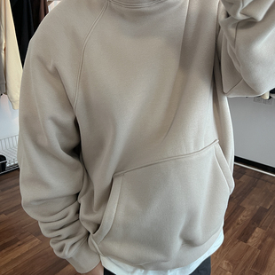 美式潮纯色连帽加厚cleanfit重磅加绒卫衣套头插肩袖加绒帽衫男款