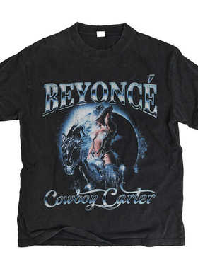 beyonce美式宽松小领口重磅T恤水洗黑做旧磨破vintage印花bootleg