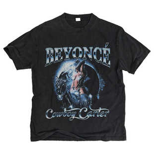 beyonce美式 宽松小领口重磅T恤水洗黑做旧磨破vintage印花bootleg